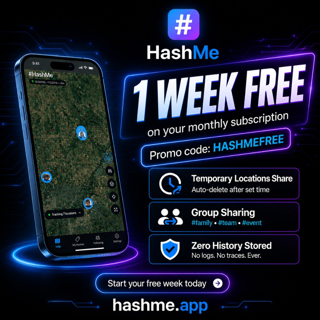HashMe: 1 week free on your monthly subscription. Promo code HASHMEFREE. Opens App Store to redeem on iOS.