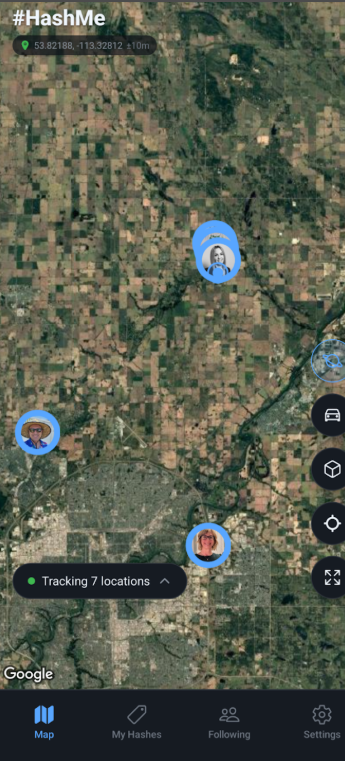 HashMe app map view with shared locations and navigation